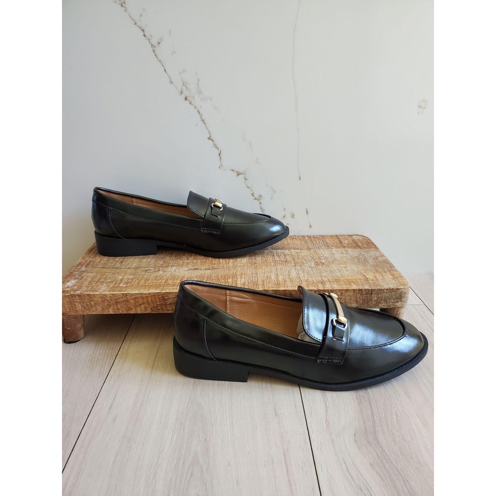 Metal Buckle Loafers Womens EUR 40 Black Faux Leather Horsebit Round Toe Shoes - Picture 3 of 7